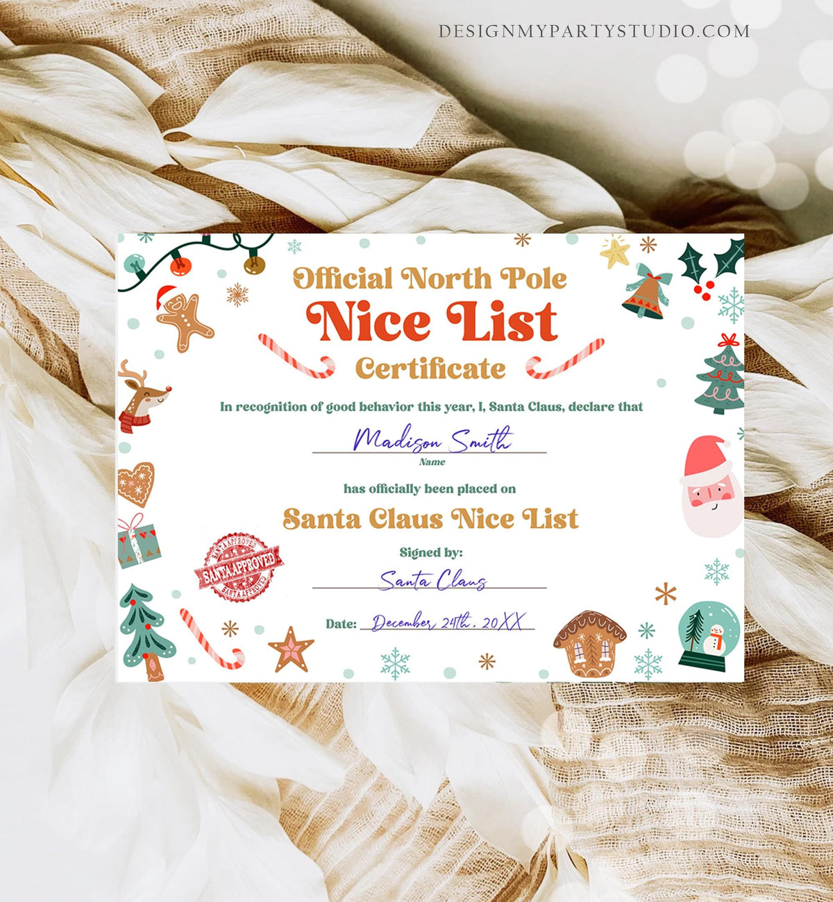 Editable Santa Claus Official Nice List Certificate Letter From Desk Santa Claus Christmas Eve North Pole Digital Template Printable 0529