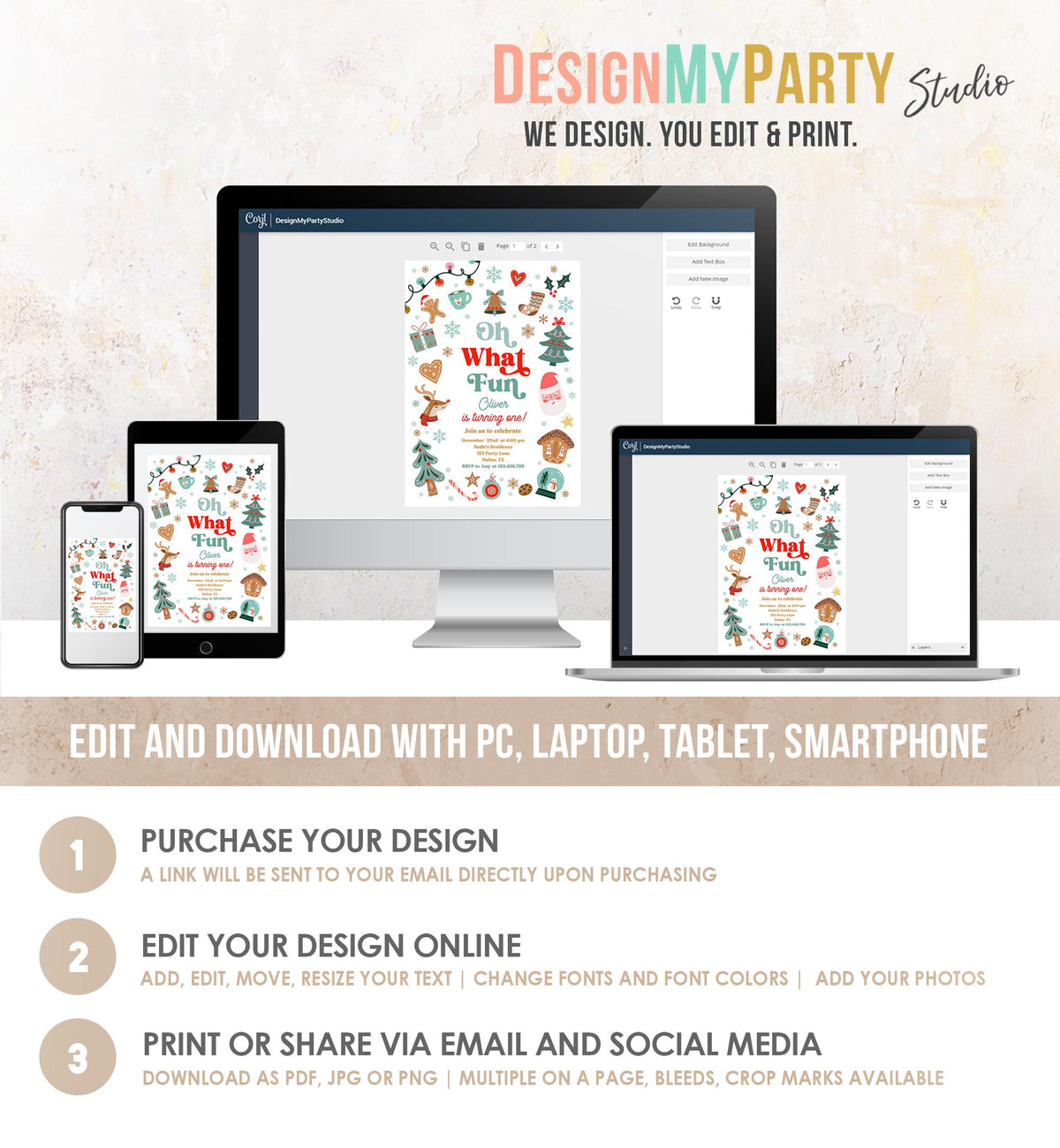 Editable Oh What Fun Christmas Birthday Party Invitation Red Green Boy Girl Winter 1st First Birthday Evite Template Download Printable 0529
