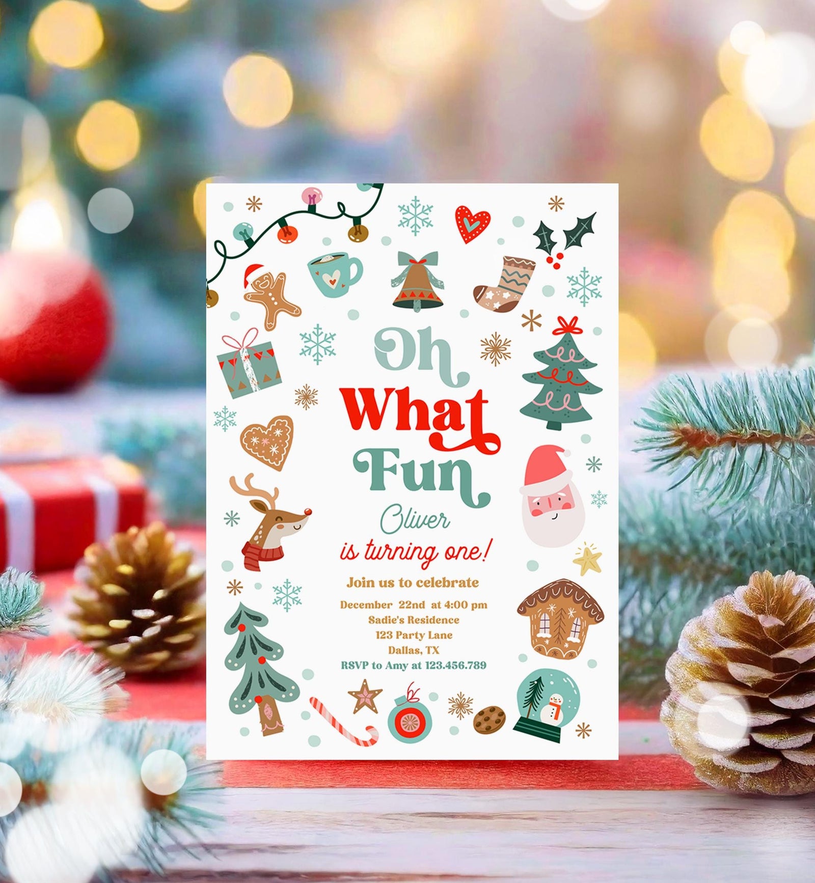 Editable Oh What Fun Christmas Birthday Party Invitation Red Green Boy Girl Winter 1st First Birthday Evite Template Download Printable 0529
