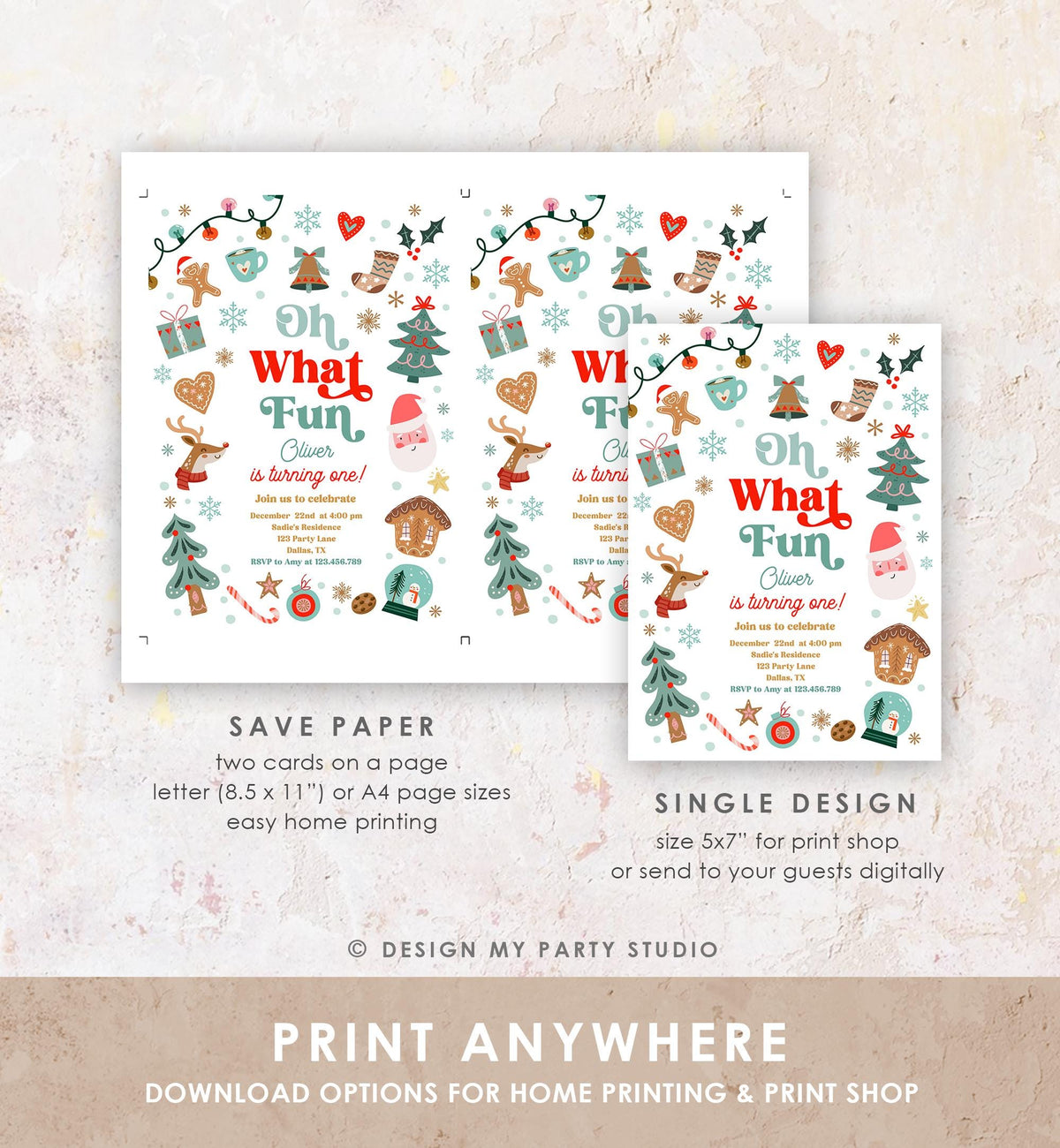 Editable Oh What Fun Christmas Birthday Party Invitation Red Green Boy Girl Winter 1st First Birthday Evite Template Download Printable 0529