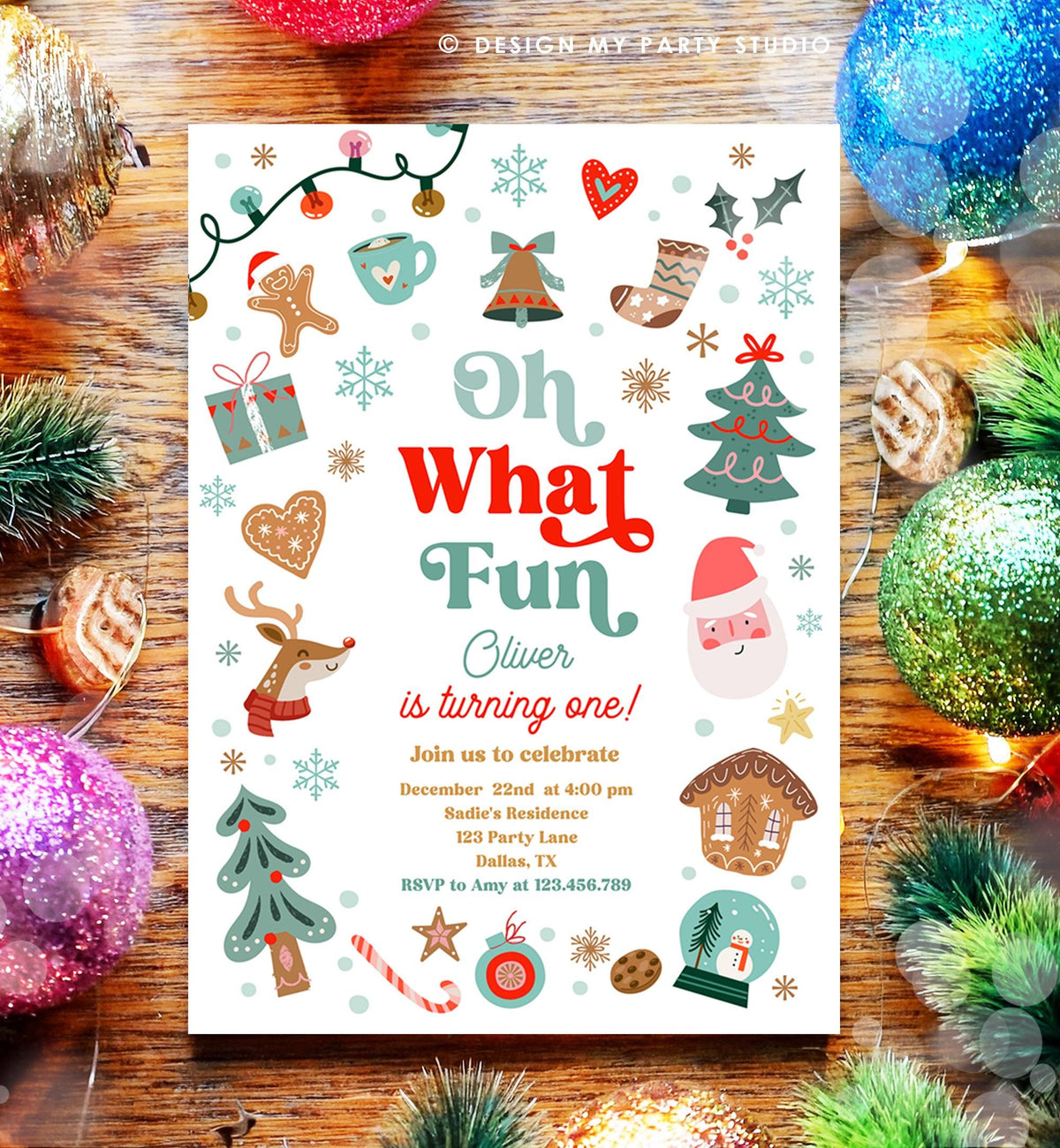 Editable Oh What Fun Christmas Birthday Party Invitation Red Green Boy Girl Winter 1st First Birthday Evite Template Download Printable 0529