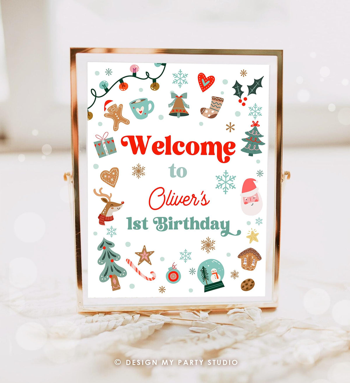 Editable Christmas Welcome Sign Winter Boy Girl Birthday Oh What Fun Santa Claus Cookies Holiday Party Digital Template Printable 0529