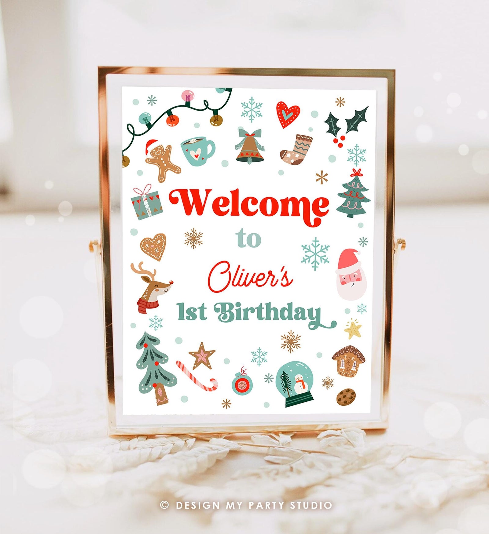 Editable Christmas Welcome Sign Winter Boy Girl Birthday Oh What Fun Santa Claus Cookies Holiday Party Digital Template Printable 0529