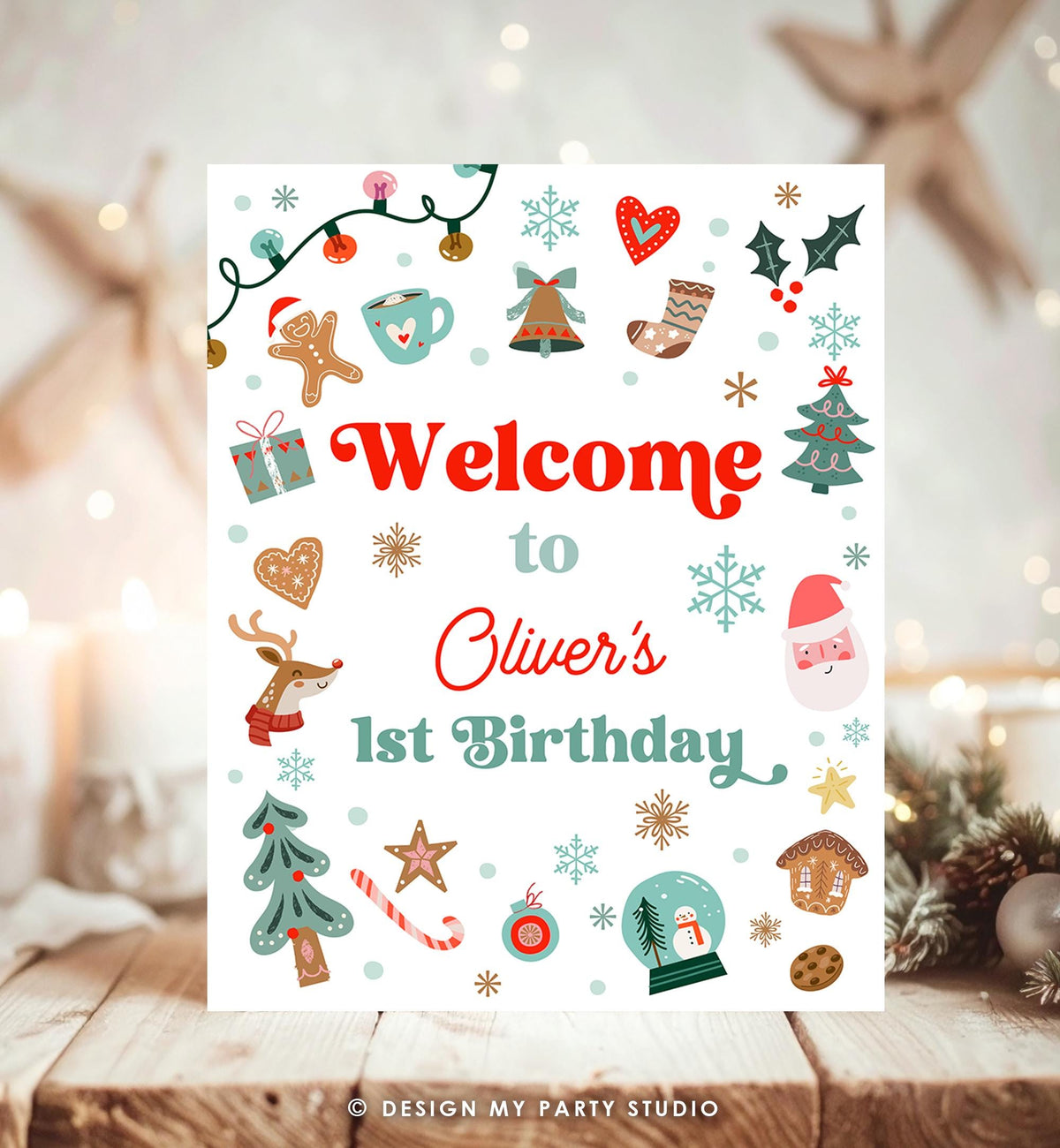Editable Christmas Welcome Sign Winter Boy Girl Birthday Oh What Fun Santa Claus Cookies Holiday Party Digital Template Printable 0529
