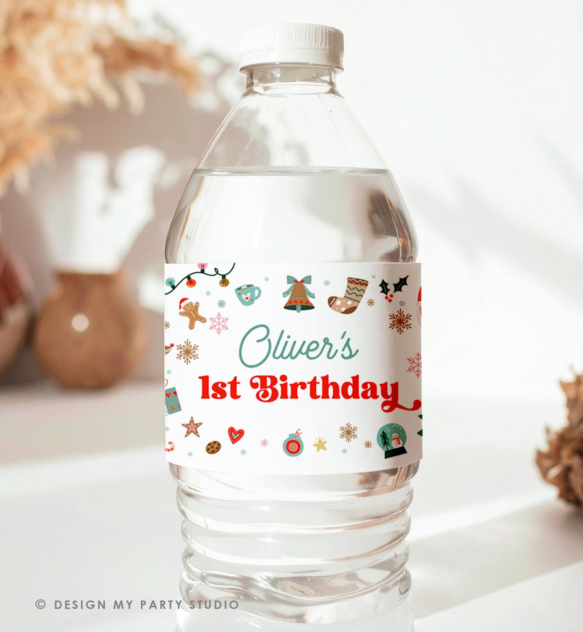 Editable Christmas Water Bottle Label Winter Onederland Wonderland Birthday Party Boy Holiday Digital Template Printable 0529