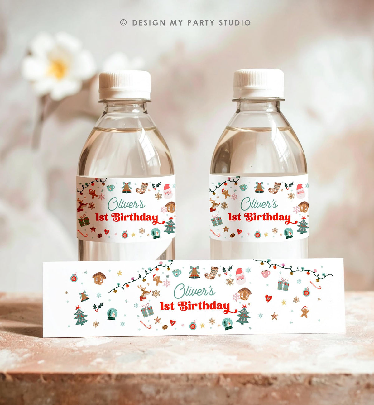 Editable Christmas Water Bottle Label Winter Onederland Wonderland Birthday Party Boy Holiday Digital Template Printable 0529