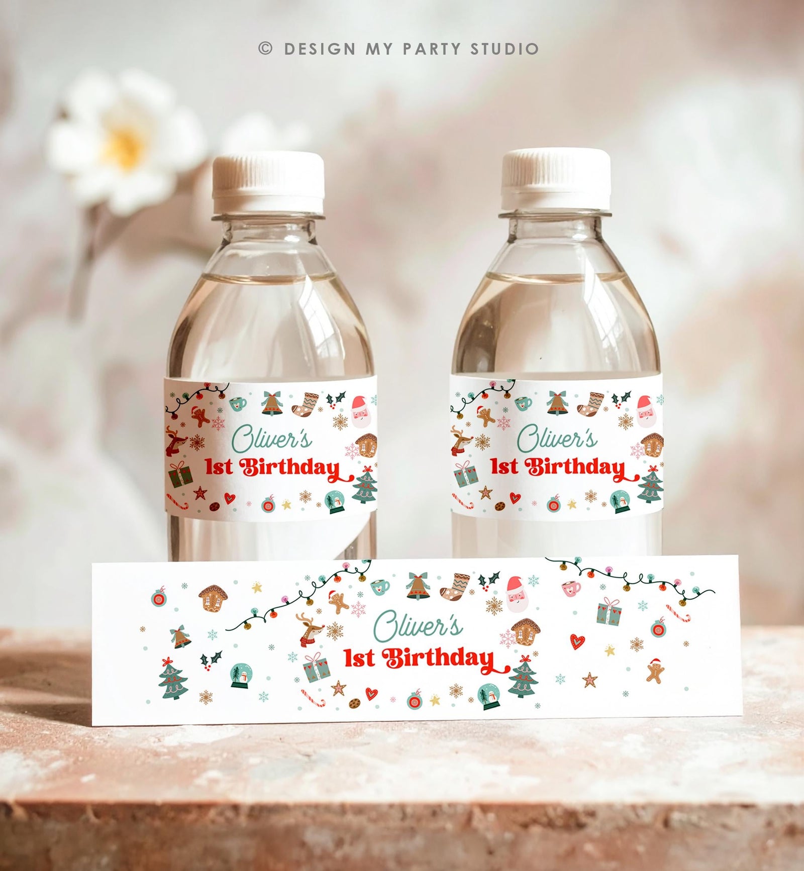 Editable Christmas Water Bottle Label Winter Onederland Wonderland Birthday Party Boy Holiday Digital Template Printable 0529