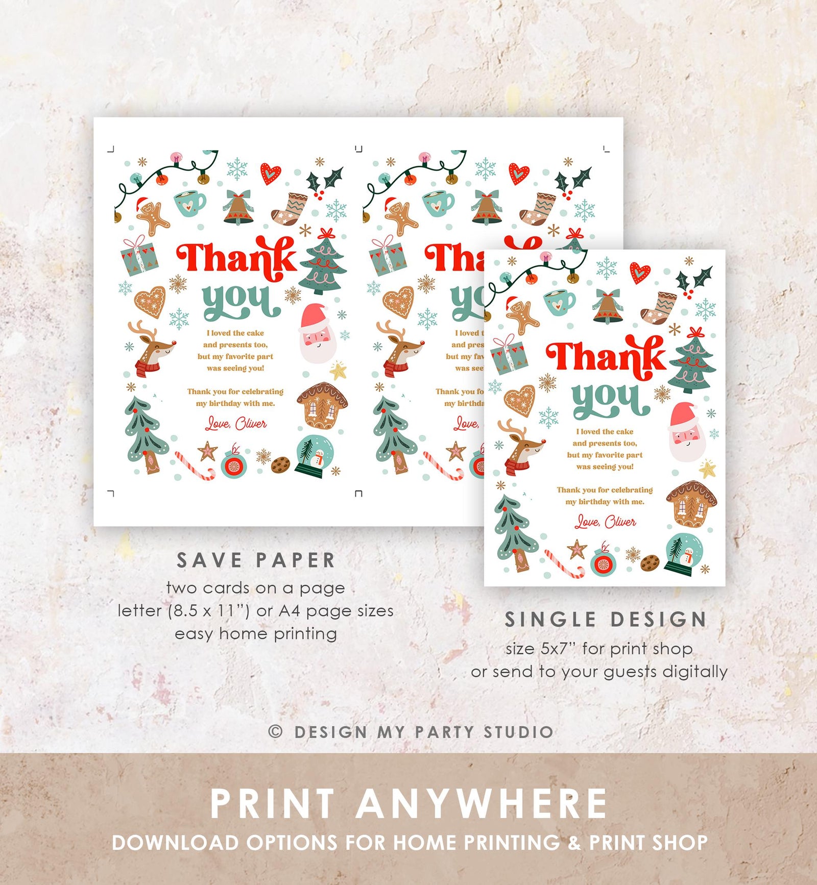 Editable Christmas Thank You Card Winter Onederland First Birthday Party Oh What Fun Boy Girl Snowflake Digital Template Printable 0529