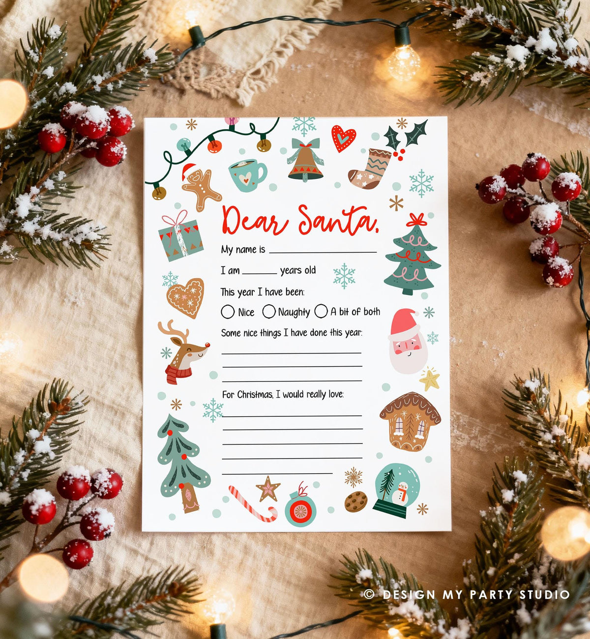 Christmas Wish List Letter to Santa for Kids Christmas Activity Christmas Fun Santa Wish List Printable Digital Instant Download 0529