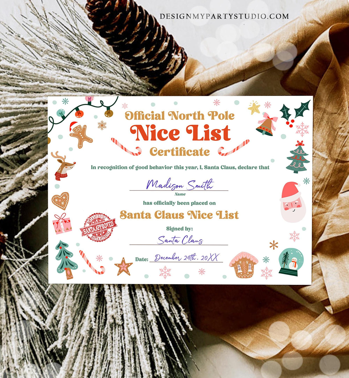Editable Santa Claus Official Nice List Certificate Letter From Desk Santa Claus Christmas Eve North Pole Digital Template Printable 0529