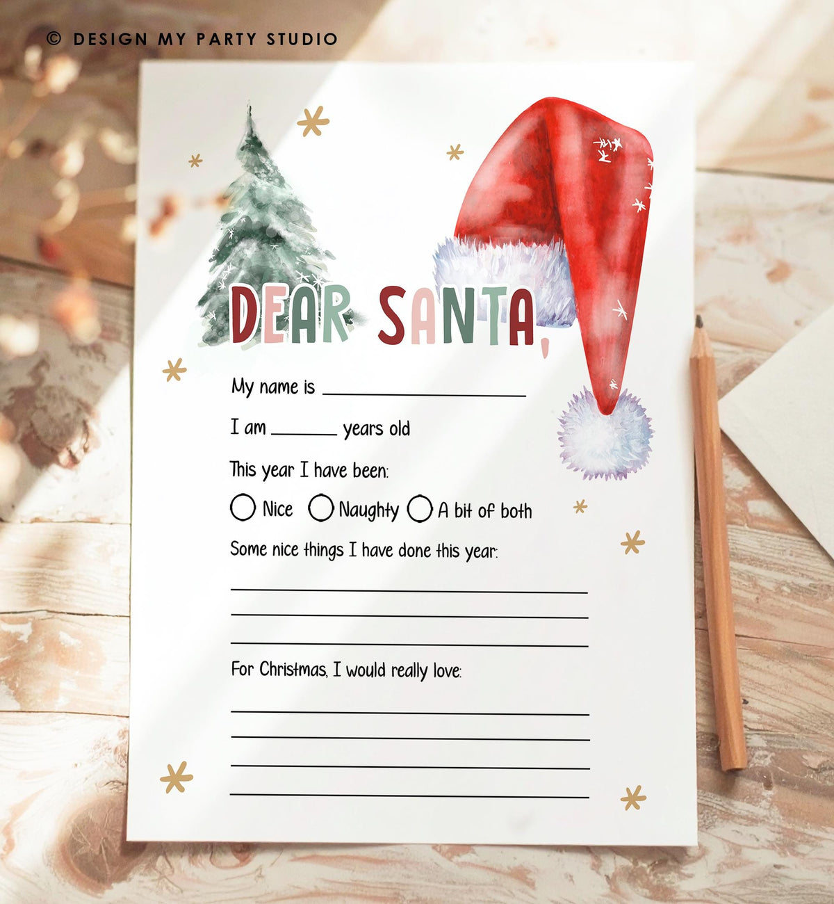 Christmas Wish List Letter to Santa for Kids Christmas Activity Christmas Fun Santa Wish List Printable Digital Instant Download 0444