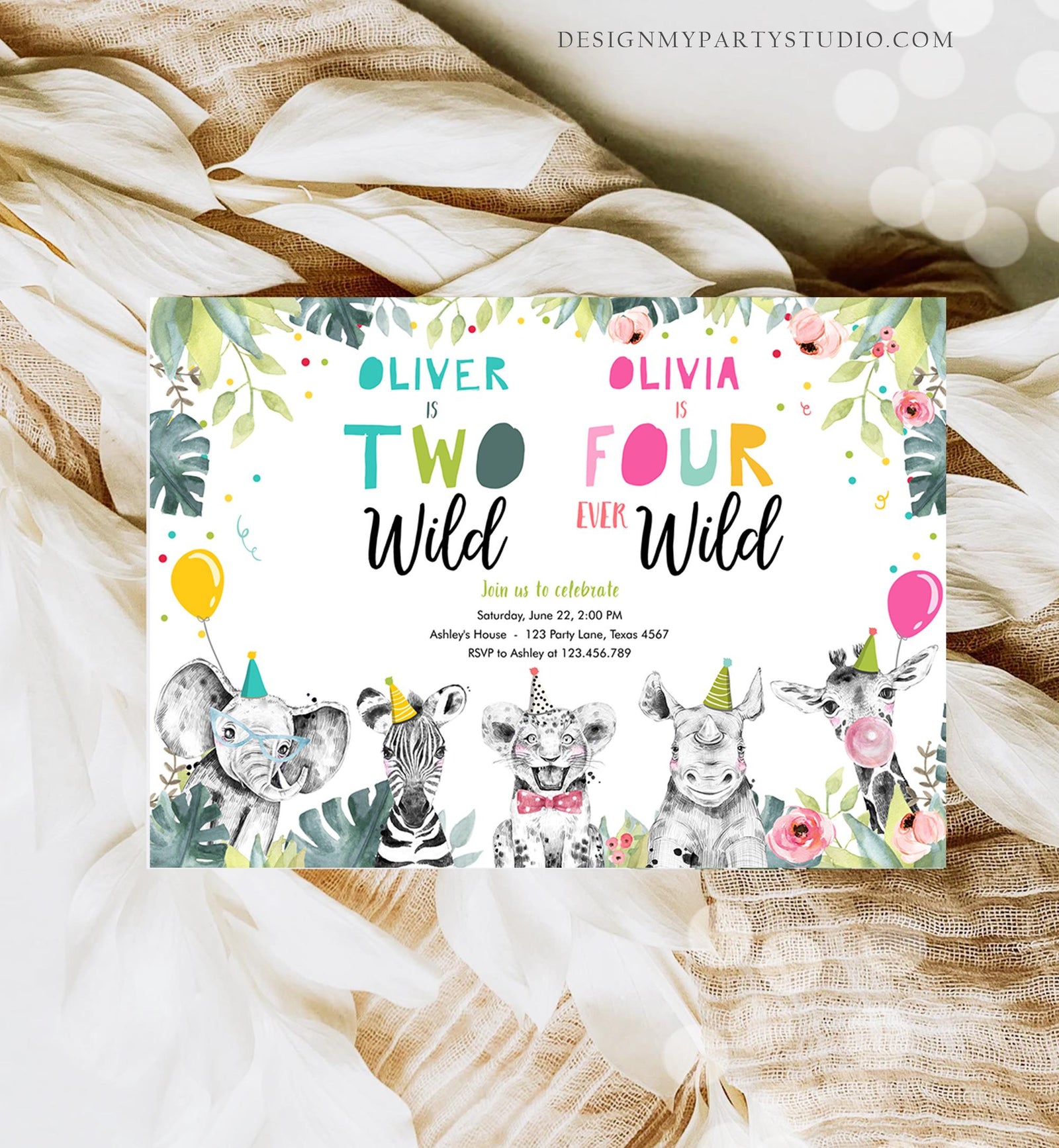 Editable Two Wild Four Ever Wild Birthday Invitation Party Animals Boy Girl Second Fourth 2nd 4th Safari Joint Template Printable 0322