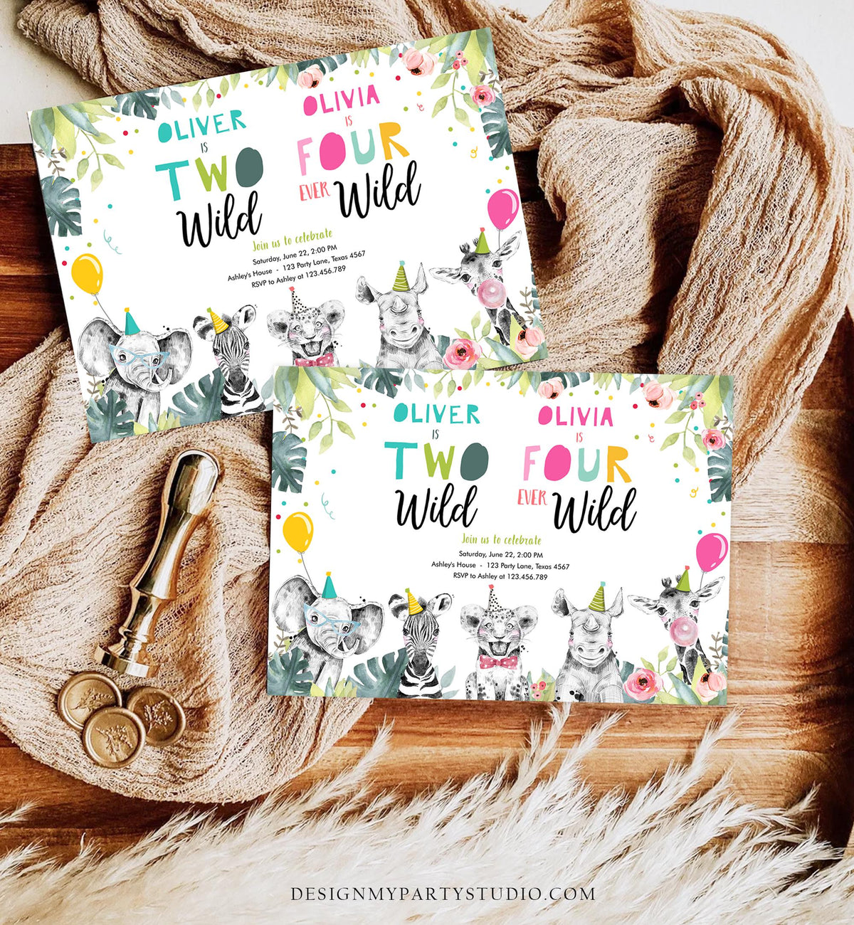 Editable Two Wild Four Ever Wild Birthday Invitation Party Animals Boy Girl Second Fourth 2nd 4th Safari Joint Template Printable 0322