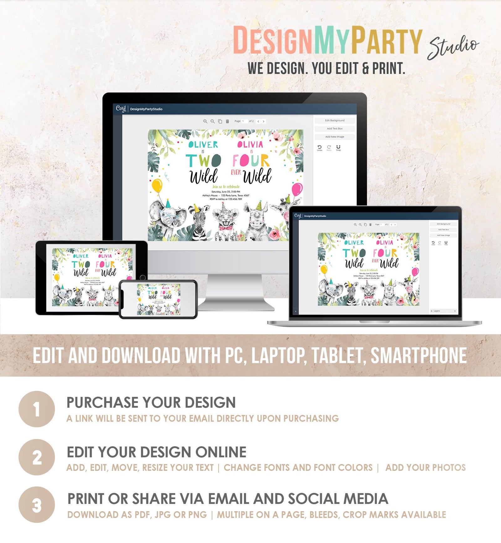 Editable Two Wild Four Ever Wild Birthday Invitation Party Animals Boy Girl Second Fourth 2nd 4th Safari Joint Template Printable 0322