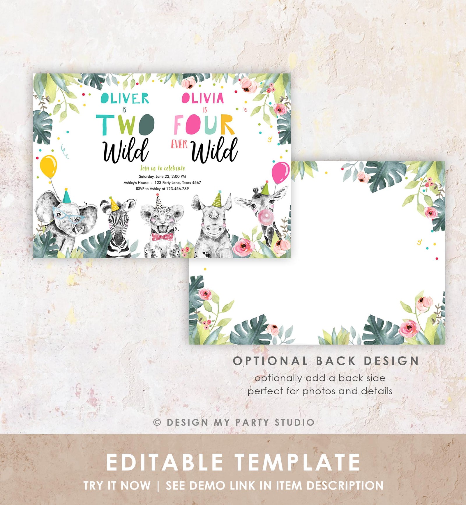 Editable Two Wild Four Ever Wild Birthday Invitation Party Animals Boy Girl Second Fourth 2nd 4th Safari Joint Template Printable 0322