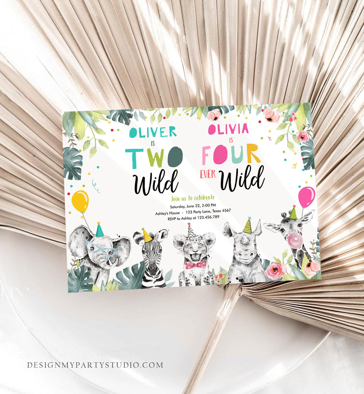 Editable Two Wild Four Ever Wild Birthday Invitation Party Animals Boy Girl Second Fourth 2nd 4th Safari Joint Template Printable 0322