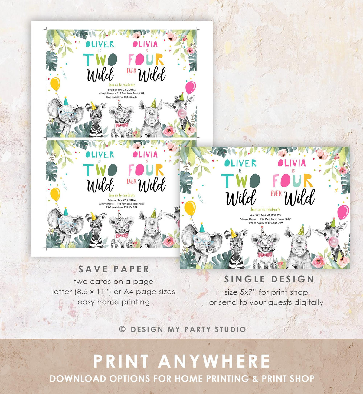 Editable Two Wild Four Ever Wild Birthday Invitation Party Animals Boy Girl Second Fourth 2nd 4th Safari Joint Template Printable 0322