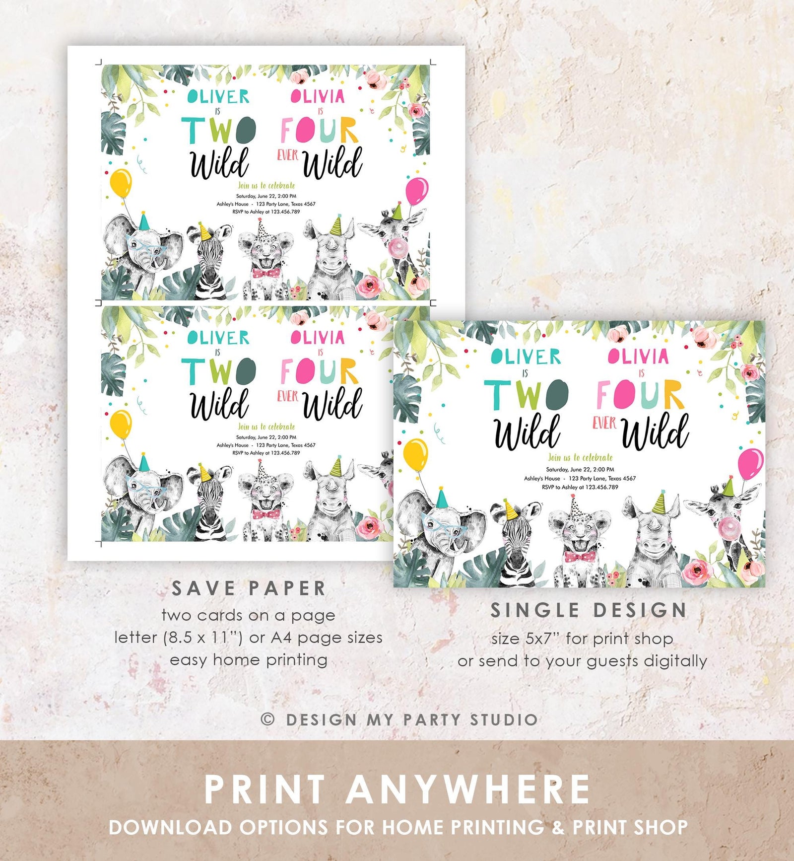 Editable Two Wild Four Ever Wild Birthday Invitation Party Animals Boy Girl Second Fourth 2nd 4th Safari Joint Template Printable 0322