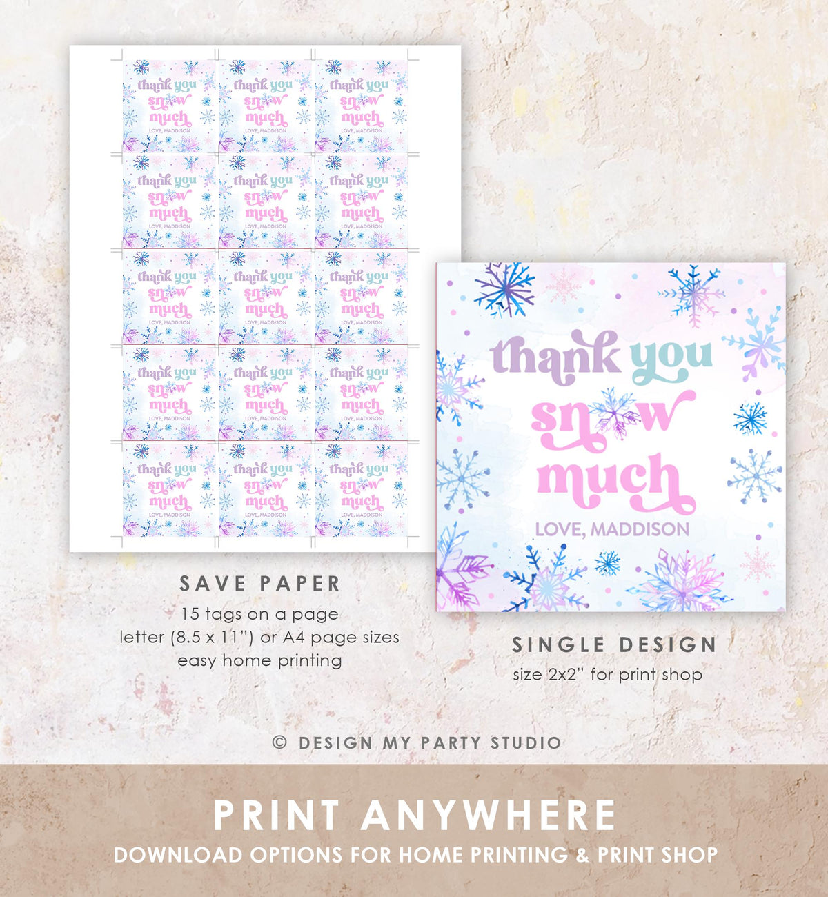 Editable Thank You Snow Much Favor Tag Winter Snowflakes Onederland Wonderland Gift Tag Pink Girl Christmas Digital Template Printable 0518