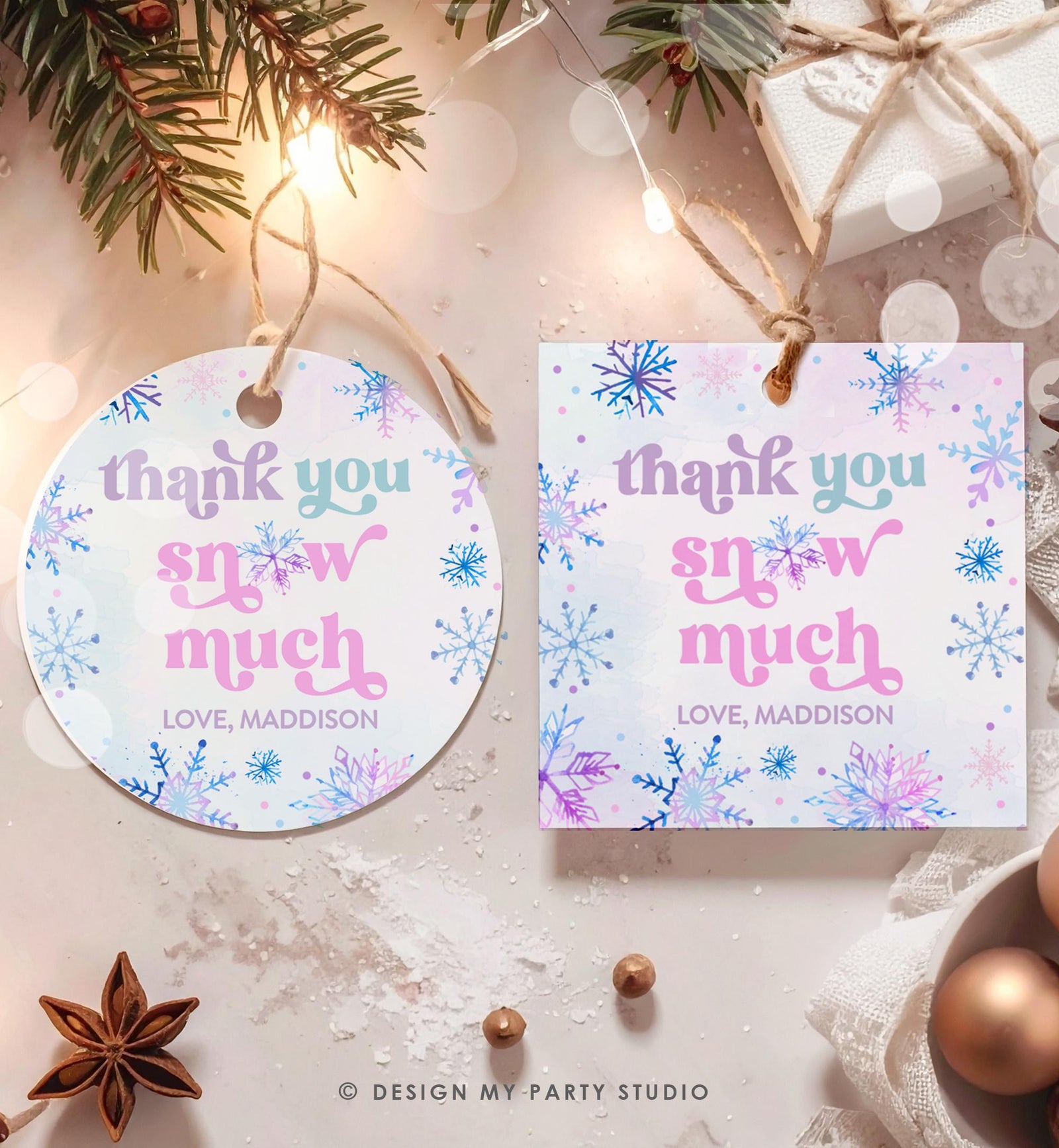 Editable Thank You Snow Much Favor Tag Winter Snowflakes Onederland Wonderland Gift Tag Pink Girl Christmas Digital Template Printable 0518