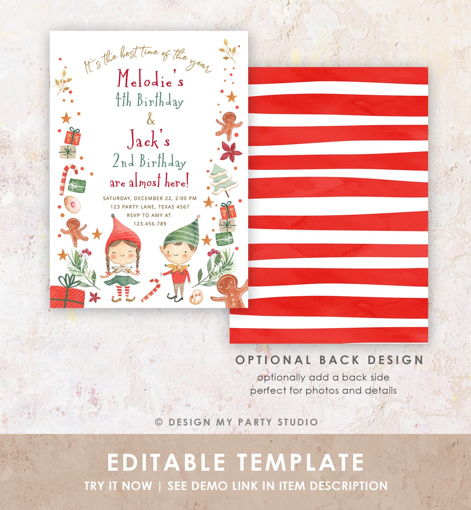 Editable Christmas Birthday Party Invitation Joint Birthday Siblings Winter Best Time of The Year Boy Girl Digital Template Printable 0358