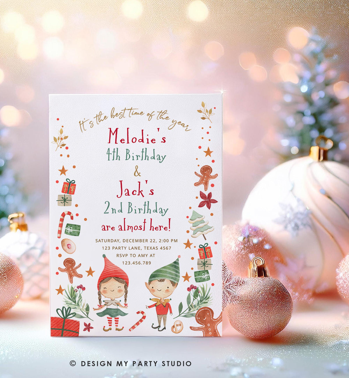 Editable Christmas Birthday Party Invitation Joint Birthday Siblings Winter Best Time of The Year Boy Girl Digital Template Printable 0358