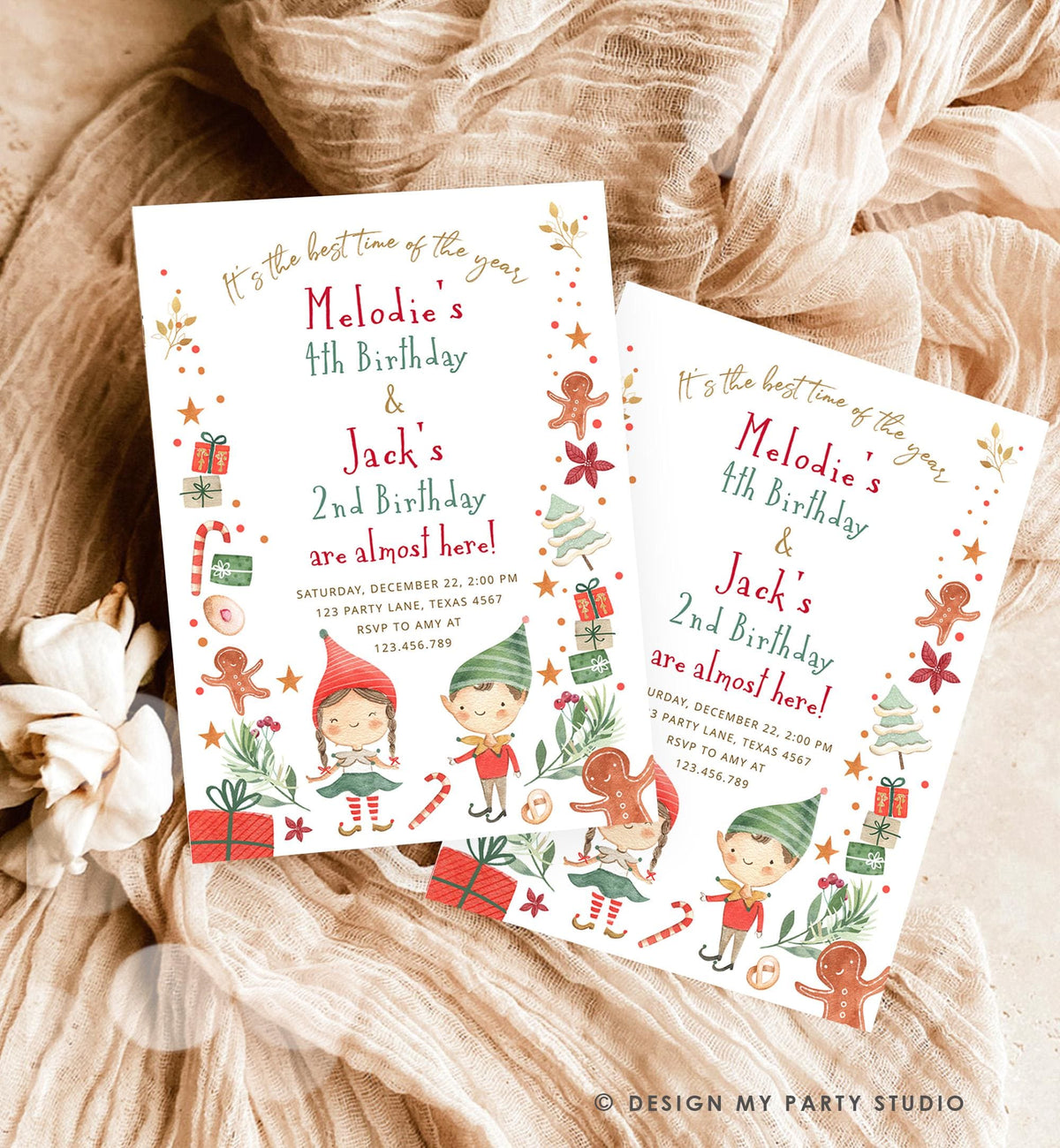 Editable Christmas Birthday Party Invitation Joint Birthday Siblings Winter Best Time of The Year Boy Girl Digital Template Printable 0358
