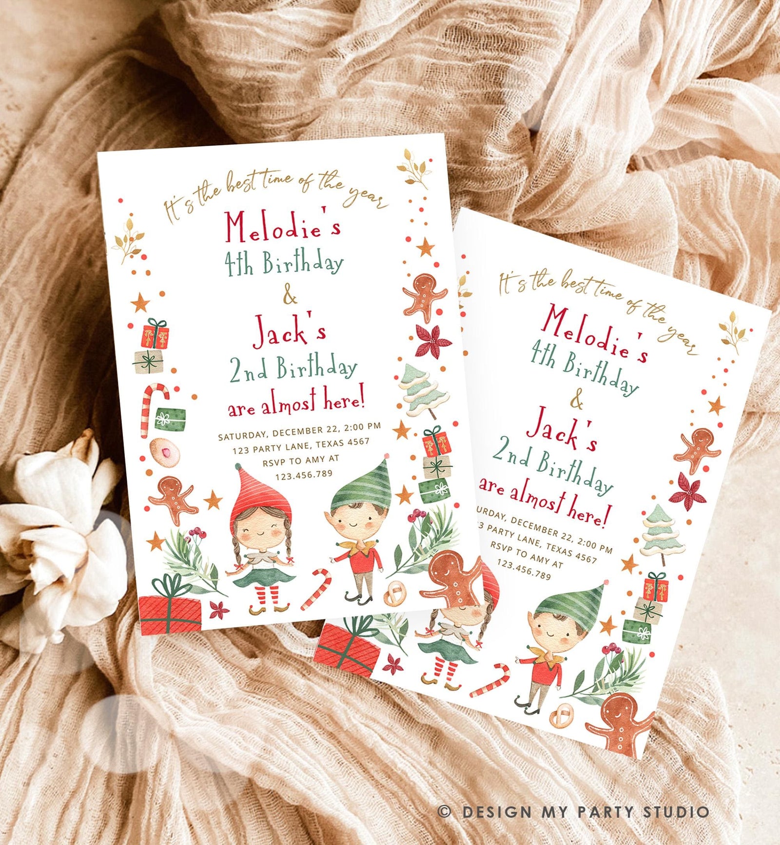 Editable Christmas Birthday Party Invitation Joint Birthday Siblings Winter Best Time of The Year Boy Girl Digital Template Printable 0358