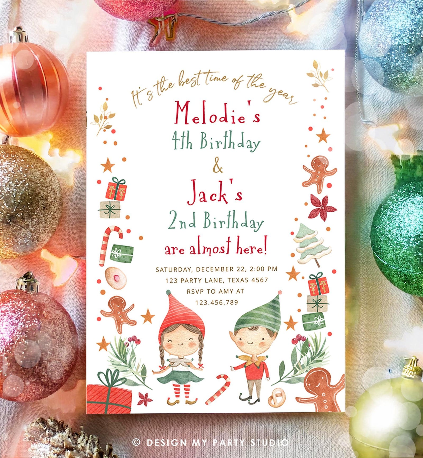 Editable Christmas Birthday Party Invitation Joint Birthday Siblings Winter Best Time of The Year Boy Girl Digital Template Printable 0358