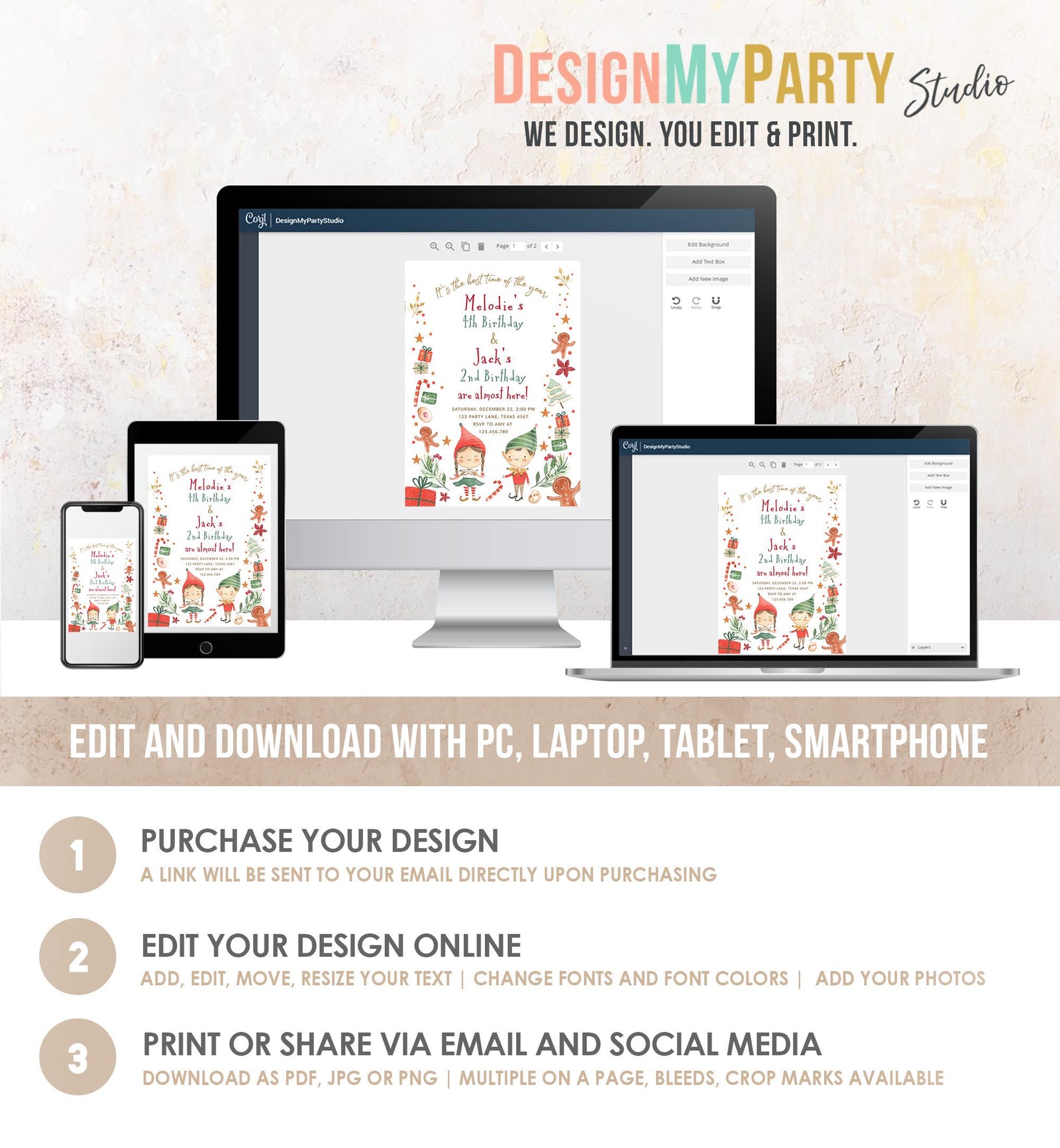 Editable Christmas Birthday Party Invitation Joint Birthday Siblings Winter Best Time of The Year Boy Girl Digital Template Printable 0358