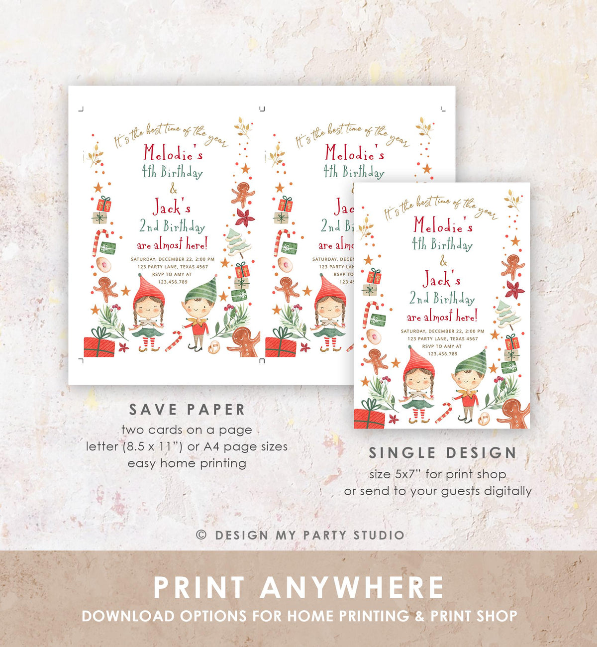 Editable Christmas Birthday Party Invitation Joint Birthday Siblings Winter Best Time of The Year Boy Girl Digital Template Printable 0358