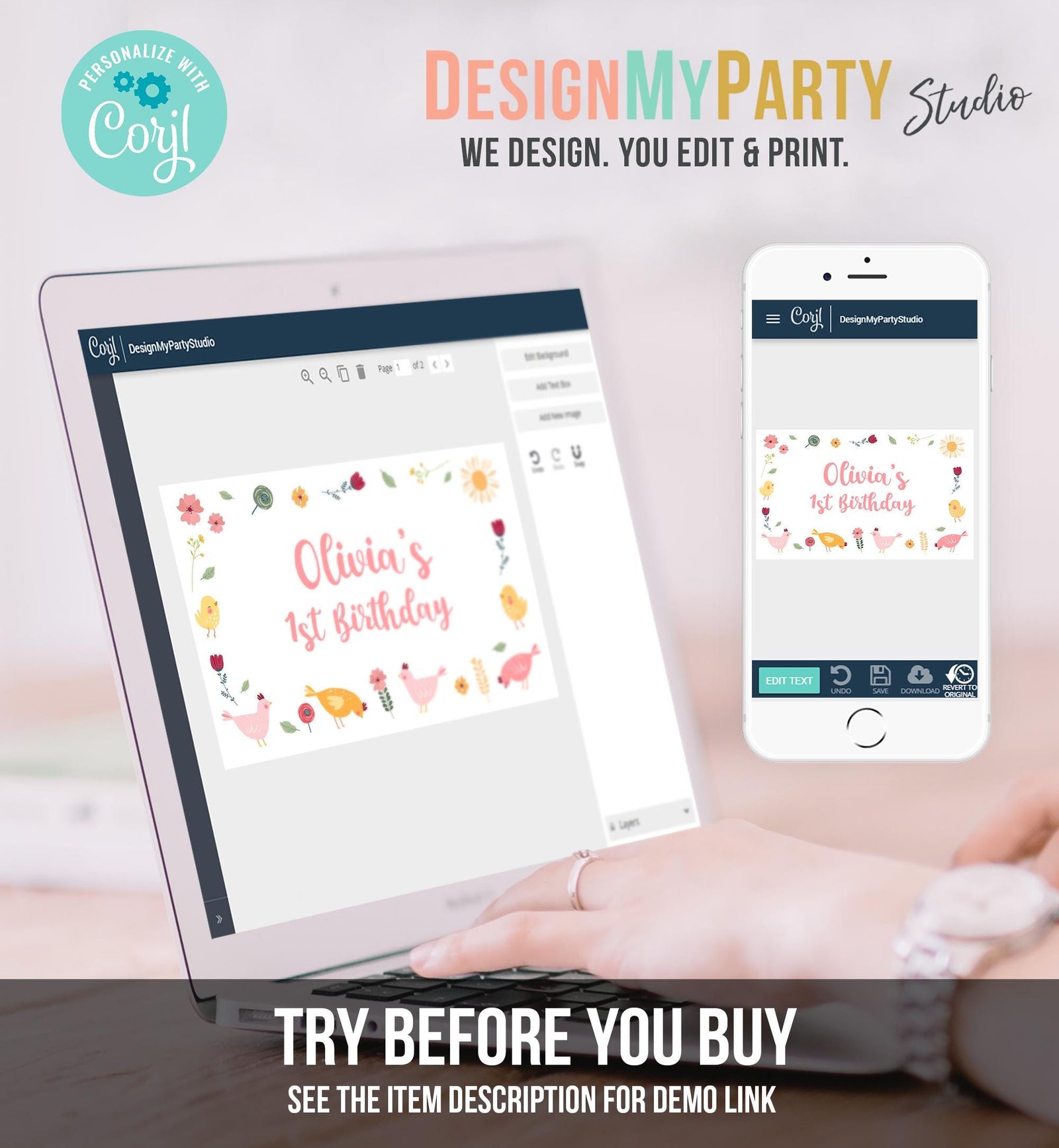 Editable Little Chicken Backdrop Banner Girl Birthday Party Spring Farm Animals Easter Barnyard Digital Download Template Printable 0446