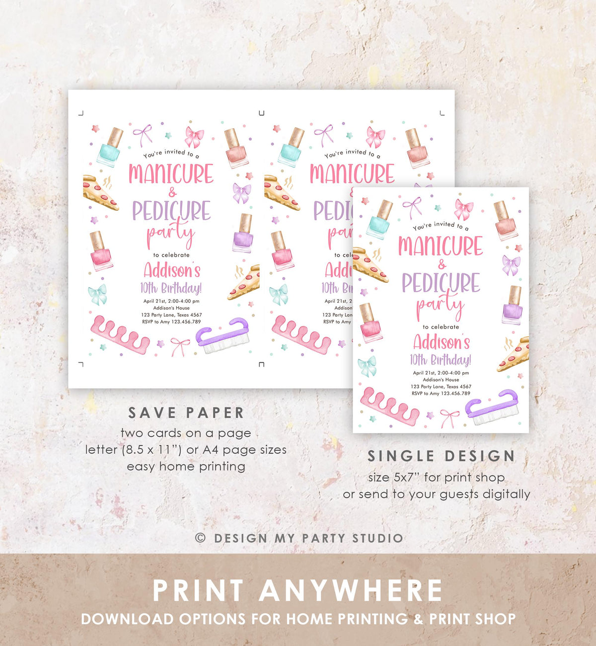 Editable Manicure and Pedicure Birthday Invitation Bow Girl Mani-Pedi Spa Party Nail Salon Pink Purple Digital Template Printable 0562