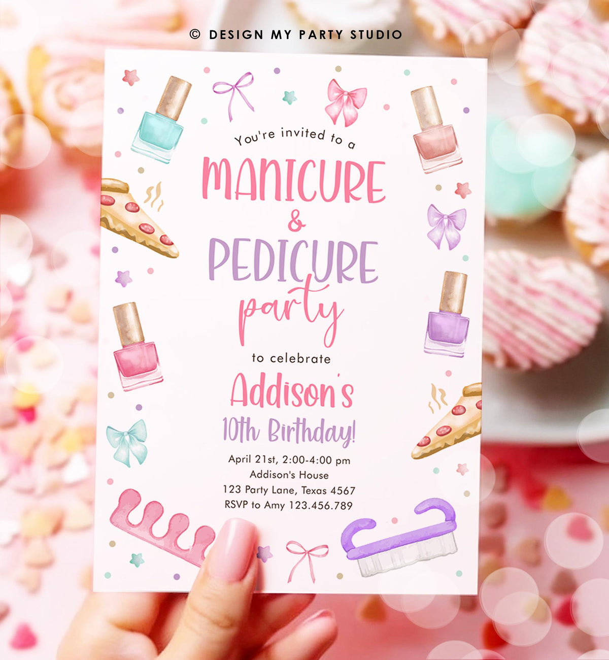 Editable Manicure and Pedicure Birthday Invitation Bow Girl Mani-Pedi Spa Party Nail Salon Pink Purple Digital Template Printable 0562