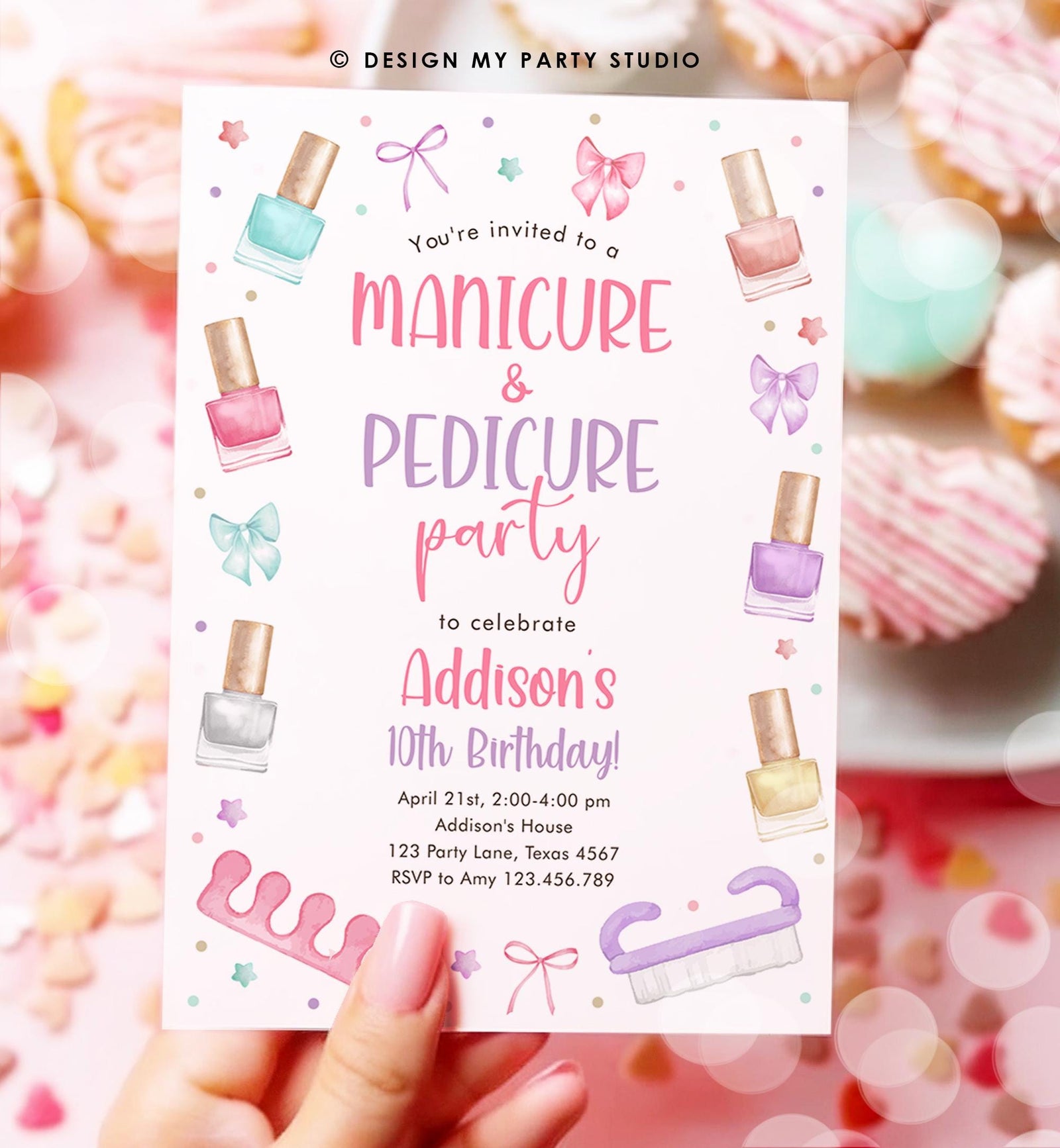 Editable Manicure and Pedicure Birthday Invitation Bow Girl Mani-Pedi Spa Party Nail Salon Pink Purple Digital Template Printable 0562