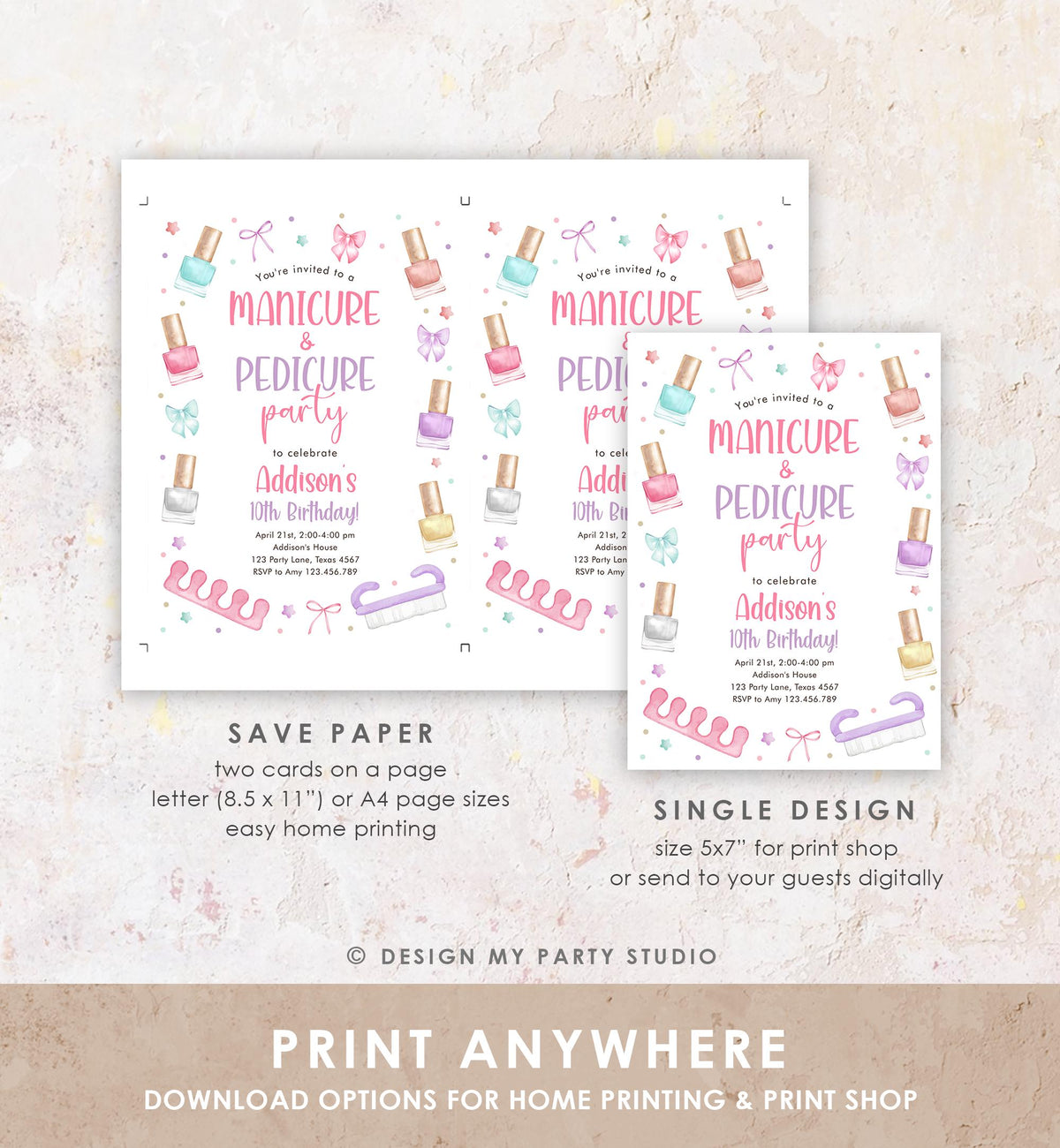 Editable Manicure and Pedicure Birthday Invitation Bow Girl Mani-Pedi Spa Party Nail Salon Pink Purple Digital Template Printable 0562