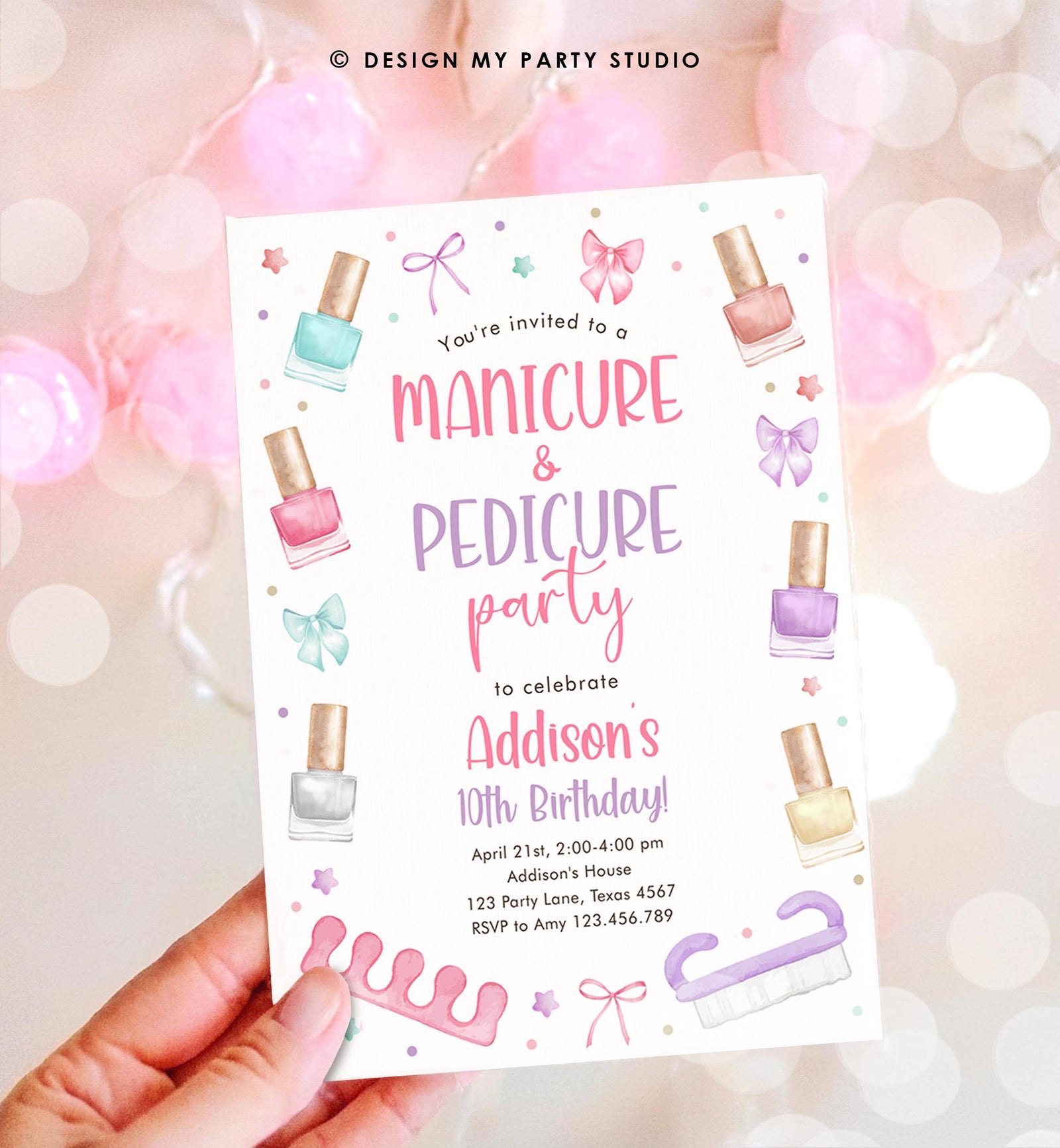 Editable Manicure and Pedicure Birthday Invitation Bow Girl Mani-Pedi Spa Party Nail Salon Pink Purple Digital Template Printable 0562