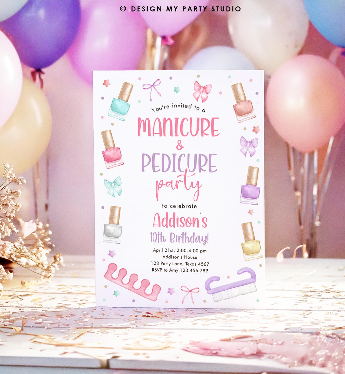 Editable Manicure and Pedicure Birthday Invitation Bow Girl Mani-Pedi Spa Party Nail Salon Pink Purple Digital Template Printable 0562