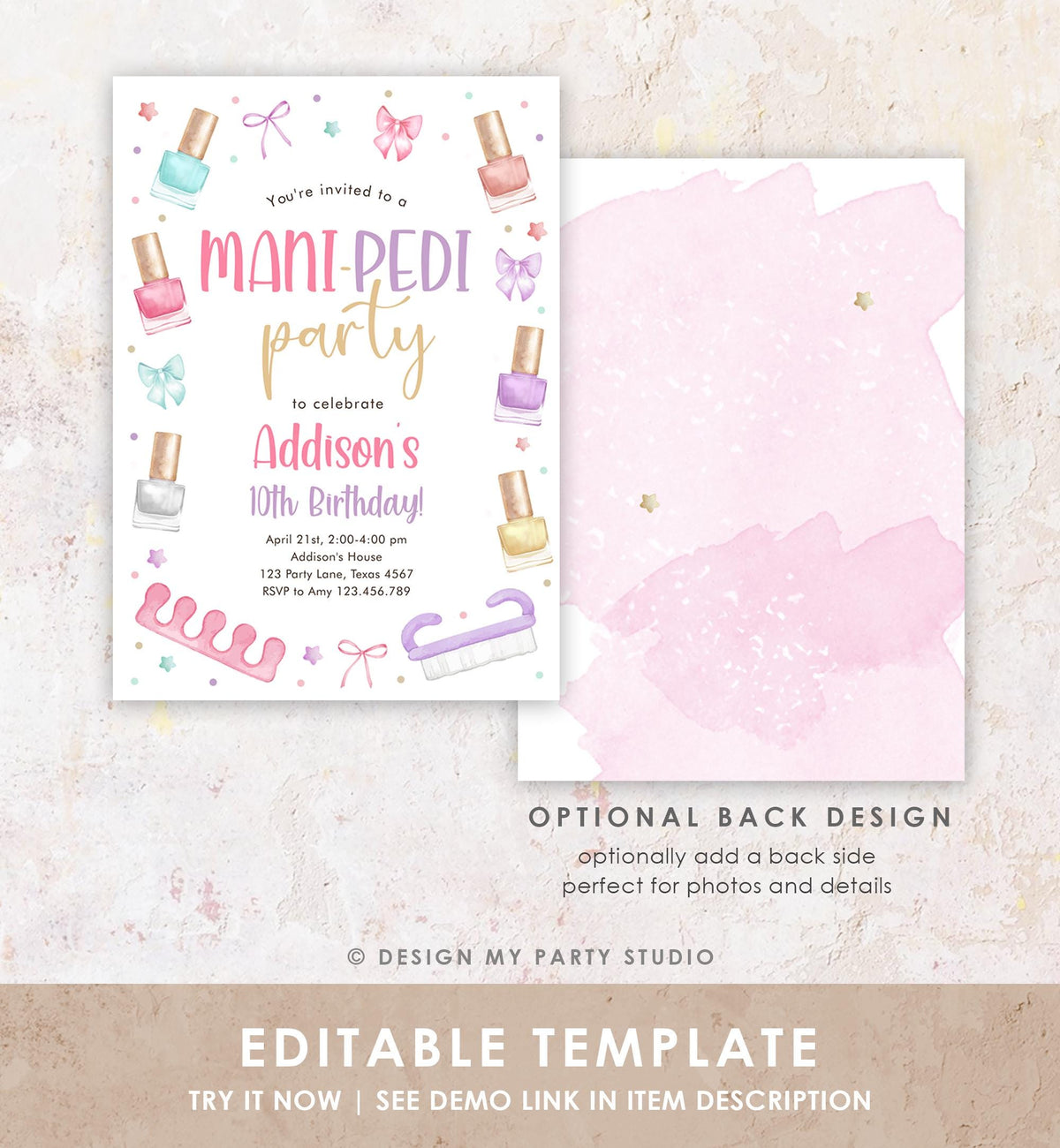 Editable Mani-Pedi Party Birthday Invitation Bow Girl Manicure and Pedicure Spa Nail Salon Pink Purple Digital Template Printable 0562