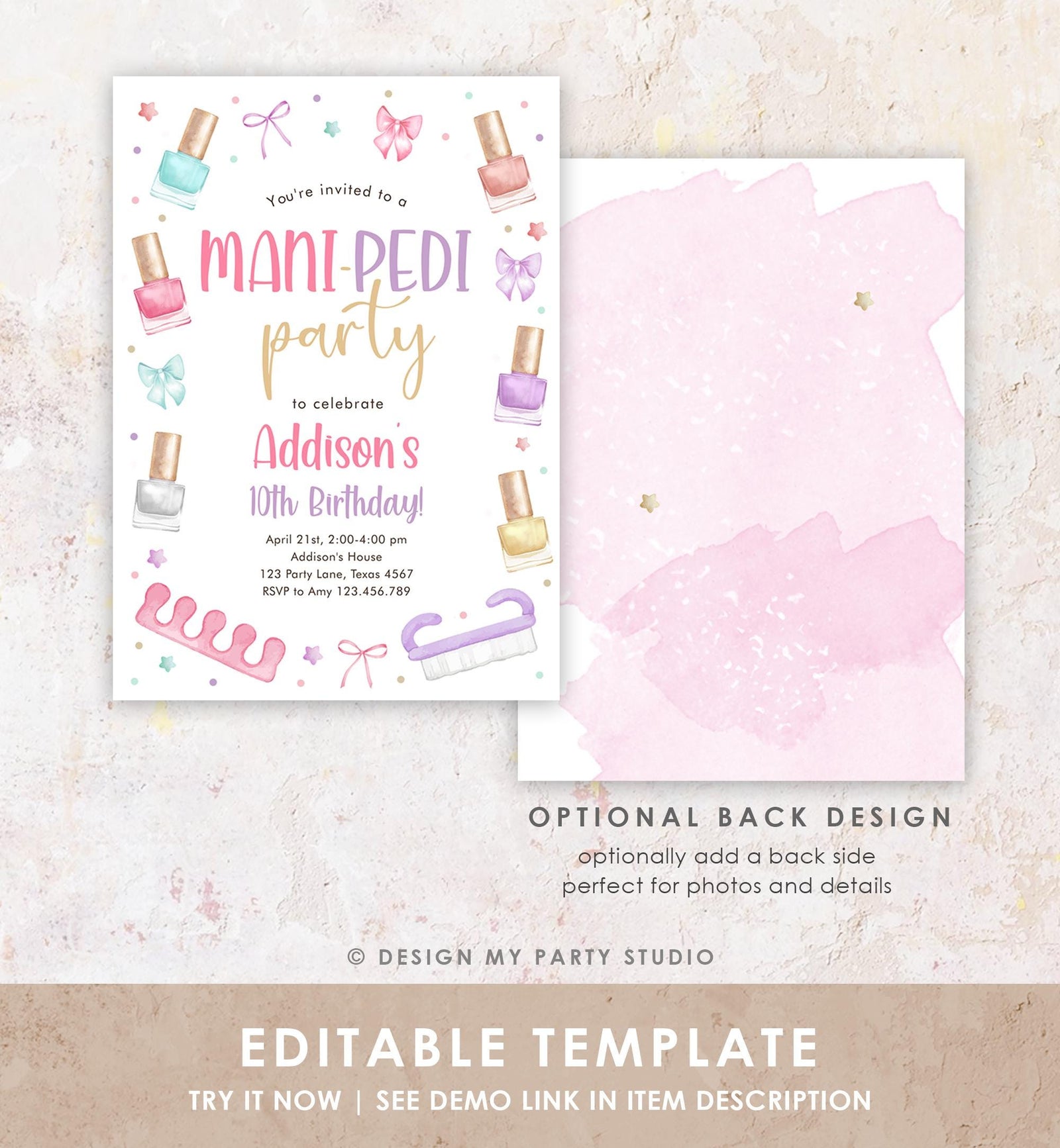 Editable Mani-Pedi Party Birthday Invitation Bow Girl Manicure and Pedicure Spa Nail Salon Pink Purple Digital Template Printable 0562