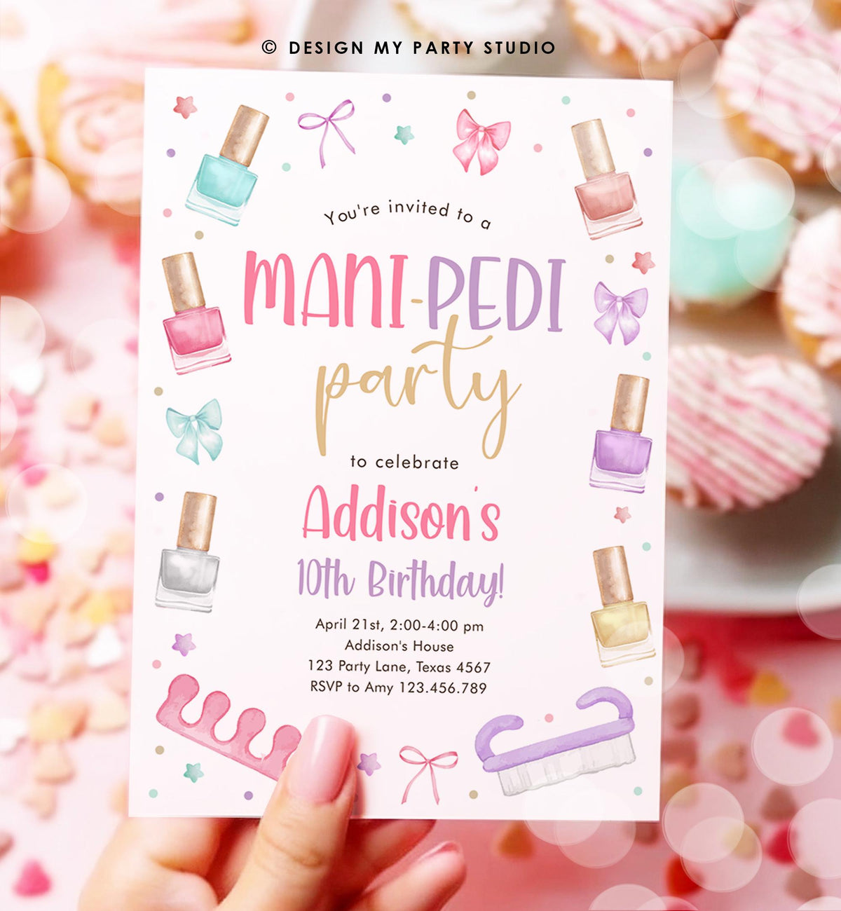 Editable Mani-Pedi Party Birthday Invitation Bow Girl Manicure and Pedicure Spa Nail Salon Pink Purple Digital Template Printable 0562