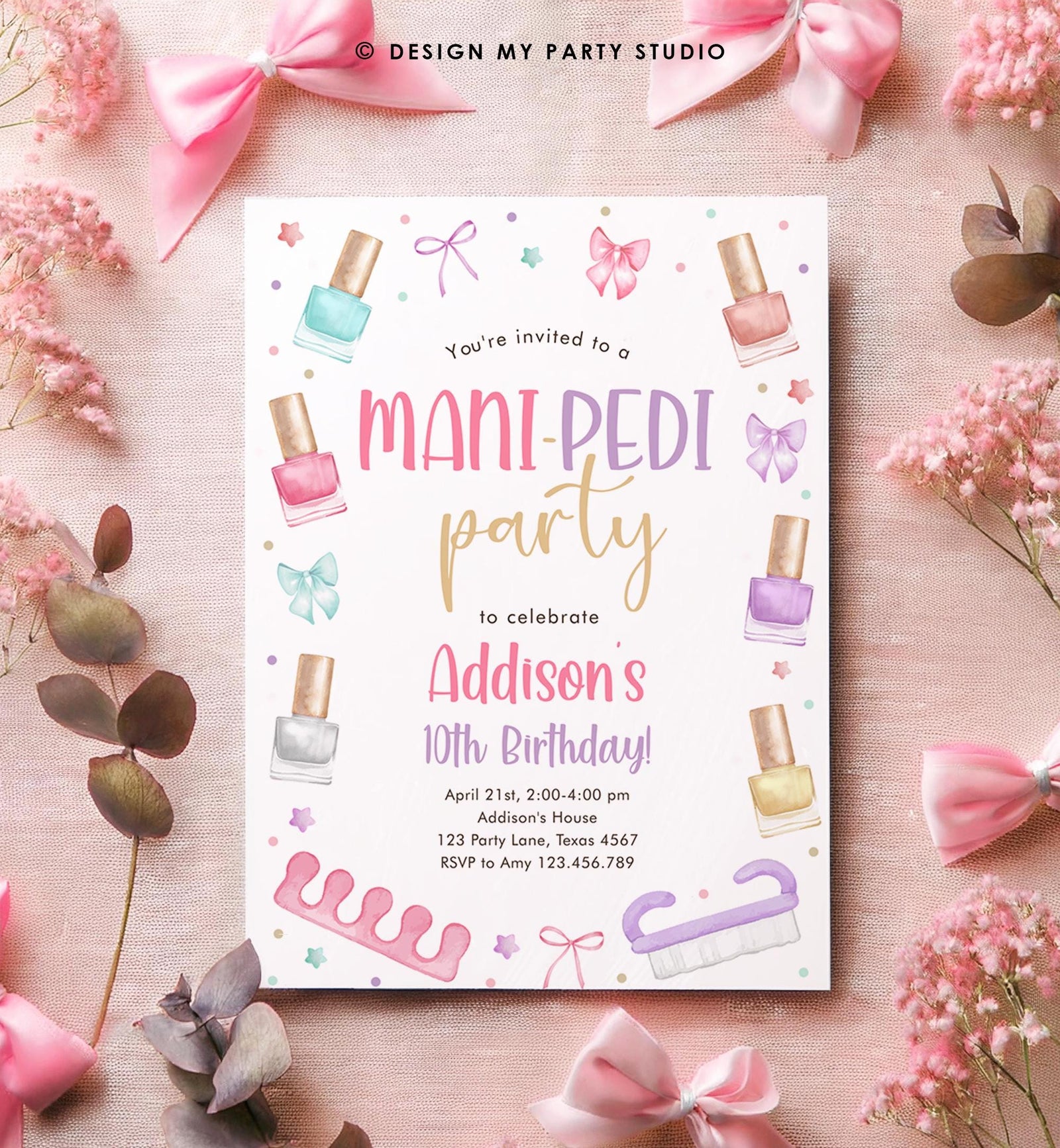Editable Mani-Pedi Party Birthday Invitation Bow Girl Manicure and Pedicure Spa Nail Salon Pink Purple Digital Template Printable 0562