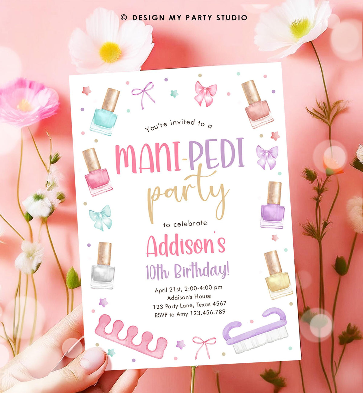 Editable Mani-Pedi Party Birthday Invitation Bow Girl Manicure and Pedicure Spa Nail Salon Pink Purple Digital Template Printable 0562