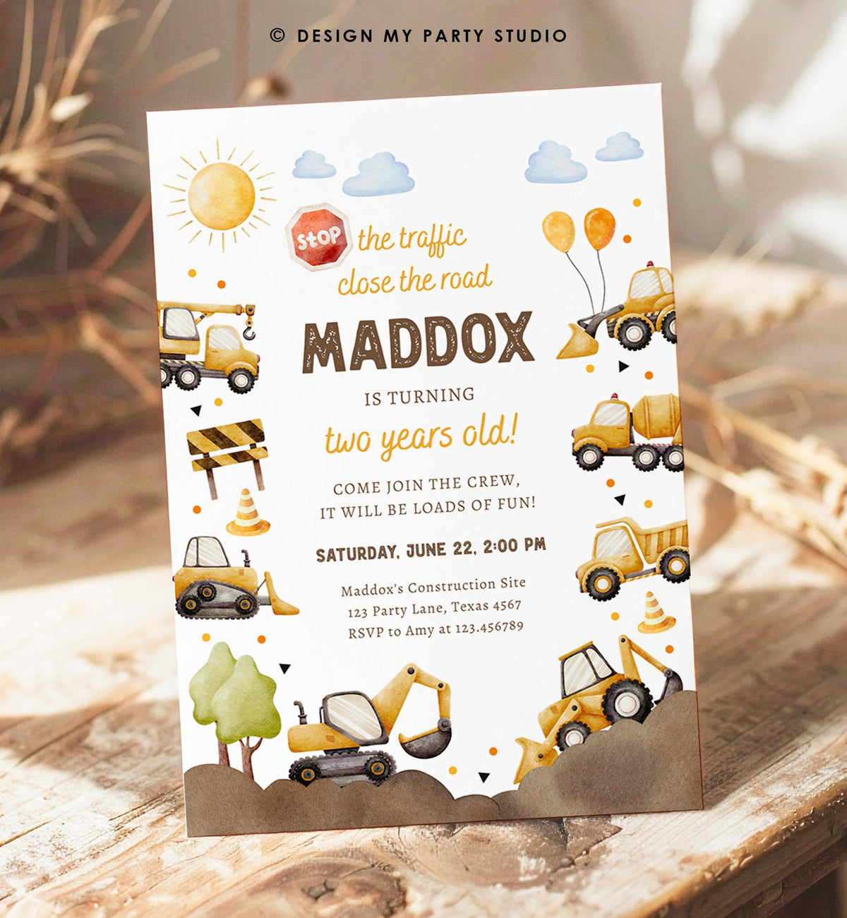 Editable Construction Birthday Invitation Yellow Dump Truck Excavator Caution Party Boy Digital Download Evite Template Printable 0563