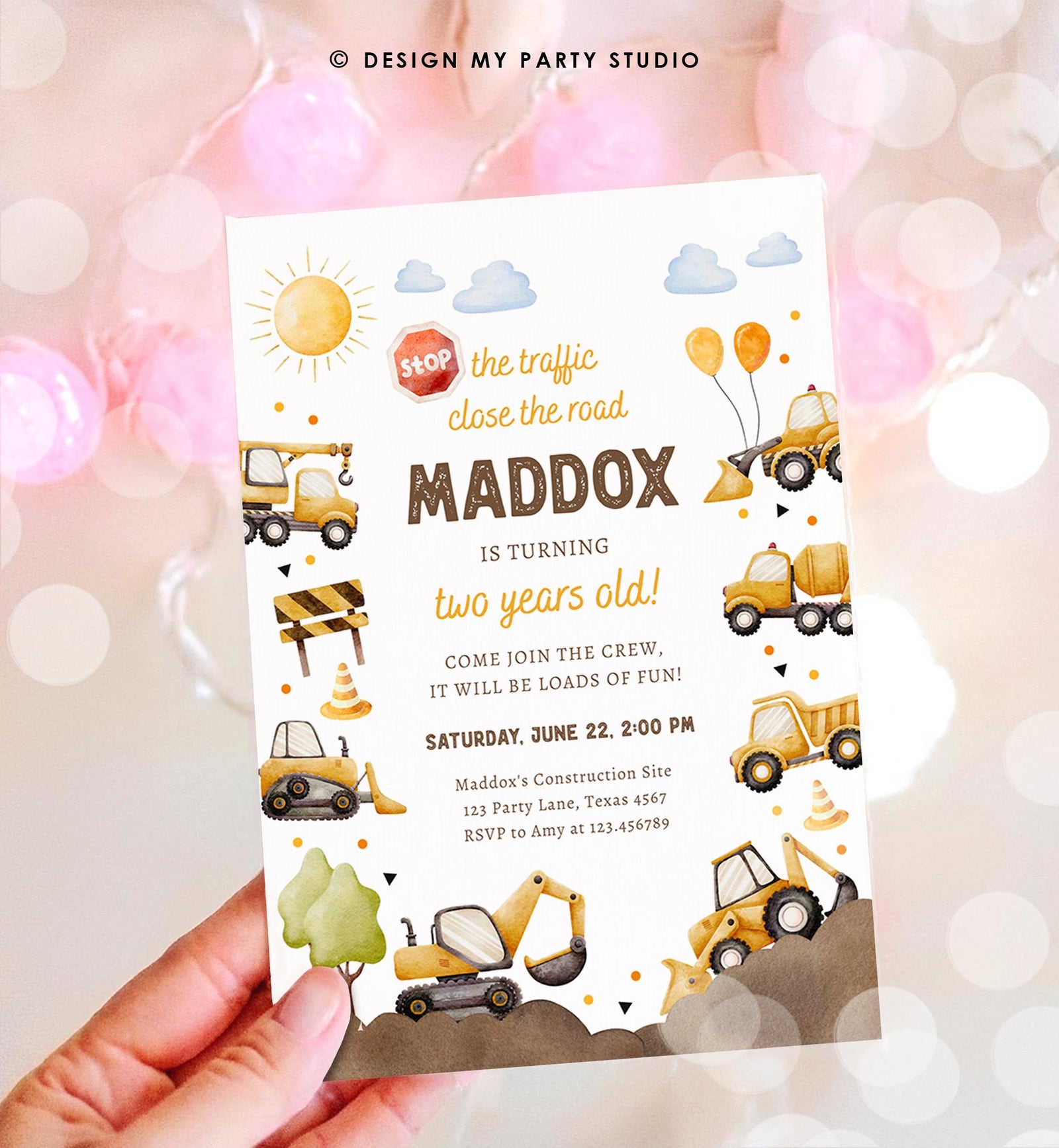 Editable Construction Birthday Invitation Yellow Dump Truck Excavator Caution Party Boy Digital Download Evite Template Printable 0563
