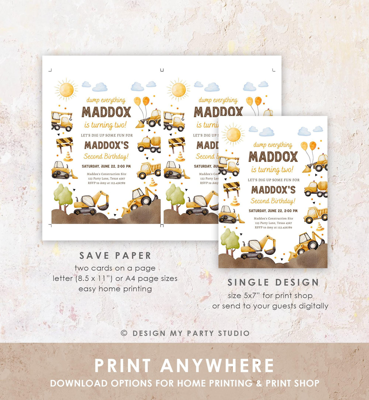 Editable Construction Birthday Invitation Yellow Dump Truck Excavator Caution Party Boy Second 2nd Digital Evite Template Printable 0563