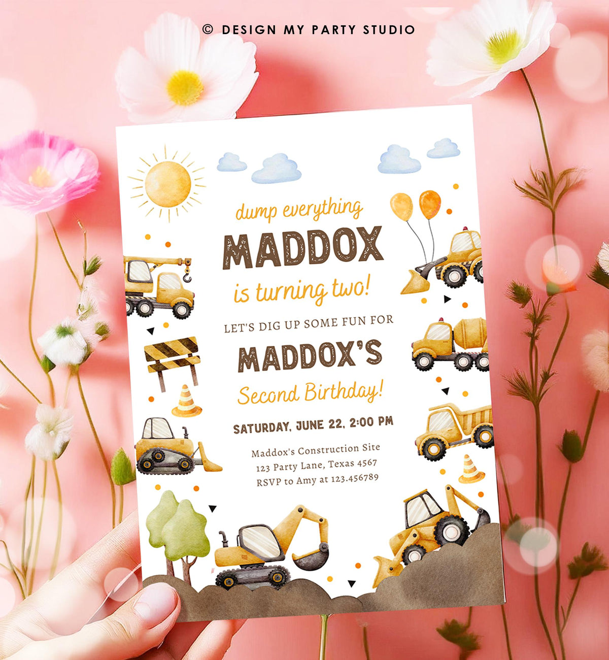 Editable Construction Birthday Invitation Yellow Dump Truck Excavator Caution Party Boy Second 2nd Digital Evite Template Printable 0563