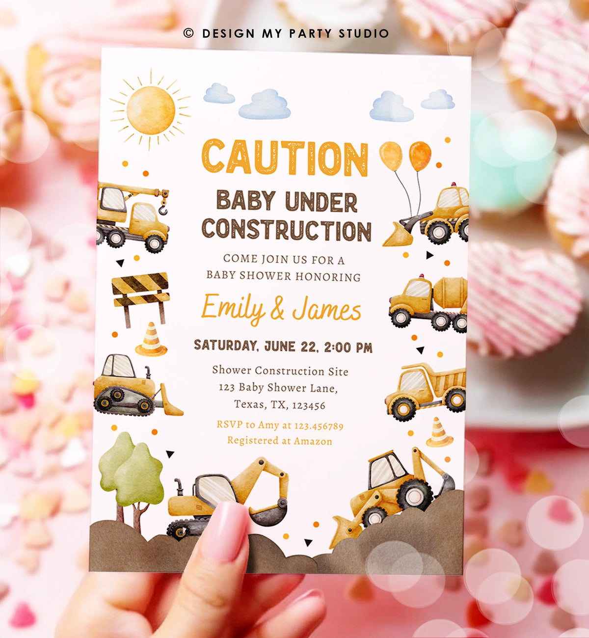 Editable Construction Baby Shower Invitation Baby Under Construction Yellow Dump Truck Excavator Caution Digital Template Printable 0563