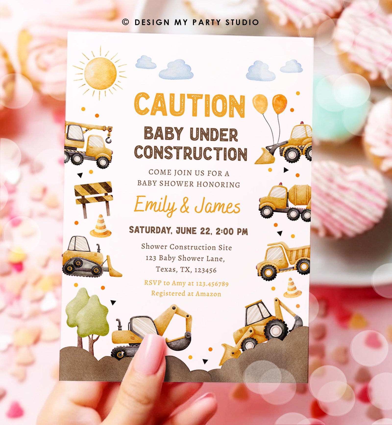 Editable Construction Baby Shower Invitation Baby Under Construction Yellow Dump Truck Excavator Caution Digital Template Printable 0563