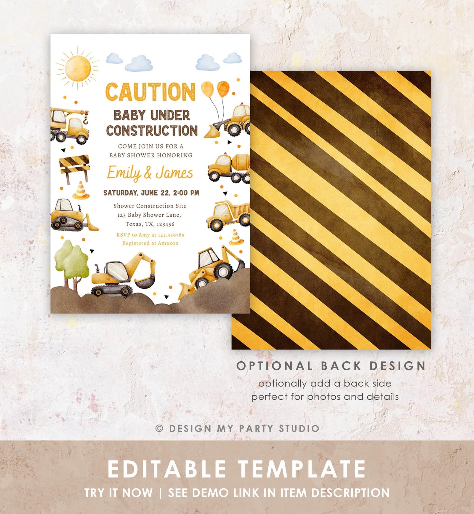 Editable Construction Baby Shower Invitation Baby Under Construction Yellow Dump Truck Excavator Caution Digital Template Printable 0563